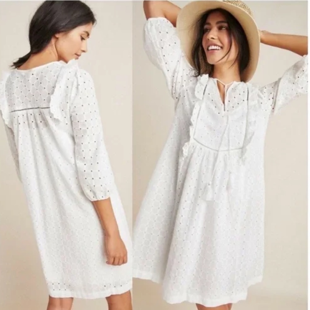 Anthropologie Thames Eyelet Ruffle Mini Dress Sqing Babydoll Style Tassels Sz 6